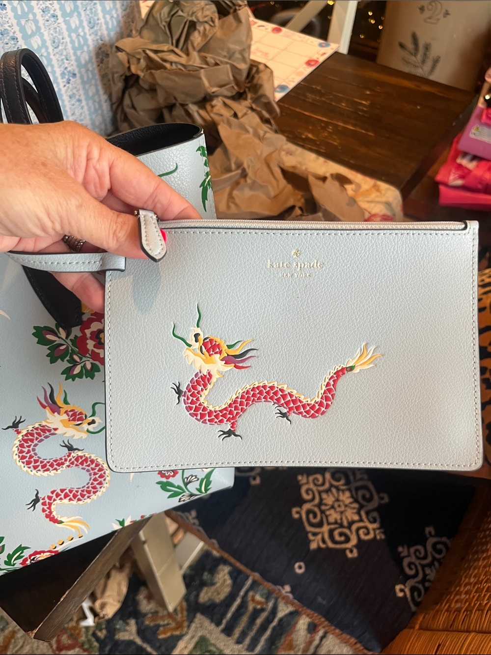 kate spade Light Blue Dragon & Floral Tote with Navy Straps-Reversible! - Picture 5 of 10